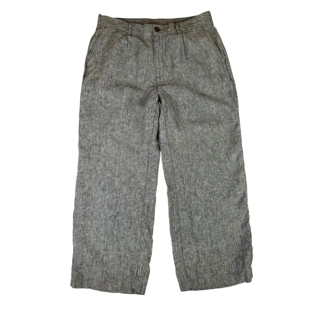 Lands End Womens 14 High Rise 100% Linen Wide Leg Pants Green/Gray Coastal Beach